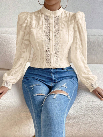 Privé Contrast Lace Lantern Sleeve Mock Neck Going Out Black Shirt Without Bra