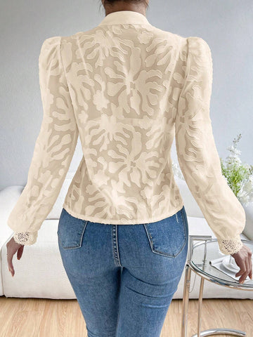 Privé Contrast Lace Lantern Sleeve Mock Neck Going Out Black Shirt Without Bra