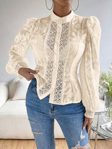 Privé Contrast Lace Lantern Sleeve Mock Neck Going Out Black Shirt Without Bra