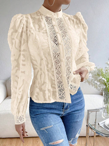 Privé Contrast Lace Lantern Sleeve Mock Neck Going Out Black Shirt Without Bra