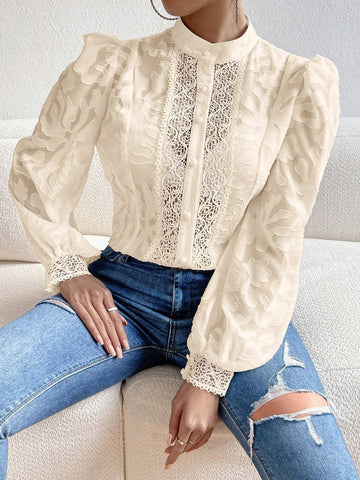 Privé Contrast Lace Lantern Sleeve Mock Neck Going Out Black Shirt Without Bra