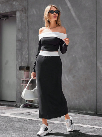 Contrast Trim Long Sleeve T-Shirt And Skirt Set