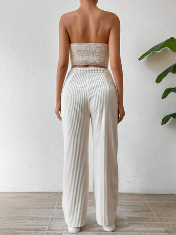 Corduroy Tube Top And Straight Leg Pants Set
