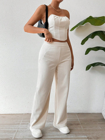 Corduroy Tube Top And Straight Leg Pants Set