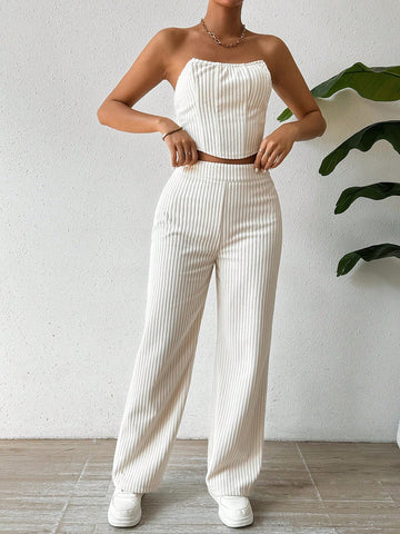 Corduroy Tube Top And Straight Leg Pants Set