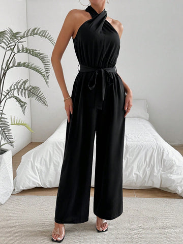 Cross Halter Neck Sleeveless Waist Belted Jumpsuit