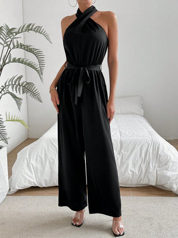 Cross Halter Neck Sleeveless Waist Belted Jumpsuit