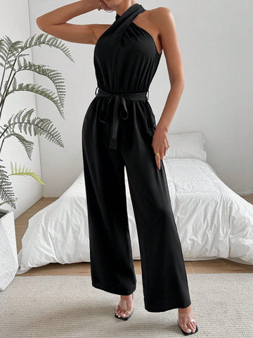 Cross Halter Neck Sleeveless Waist Belted Jumpsuit