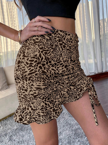 Privé Dalmatian Print Drawstring Side Ruffle Hem Skirt