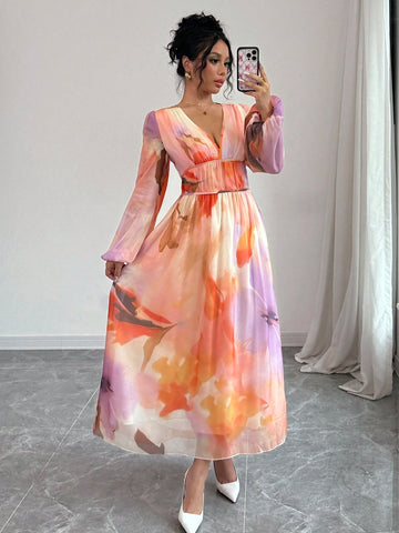Deep V-Neck Pleated Waist Lantern Sleeve Floral Print Women Dress