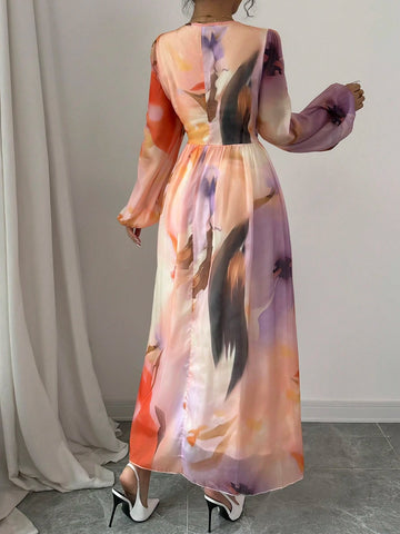 Deep V-Neck Pleated Waist Lantern Sleeve Floral Print Women Dress