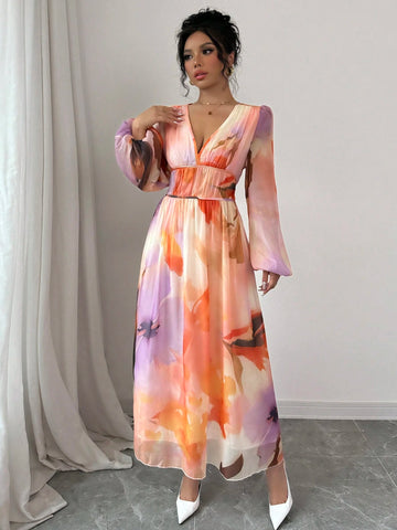 Deep V-Neck Pleated Waist Lantern Sleeve Floral Print Women Dress