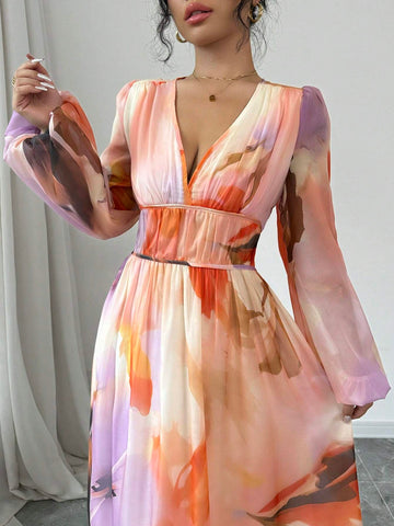 Deep V-Neck Pleated Waist Lantern Sleeve Floral Print Women Dress