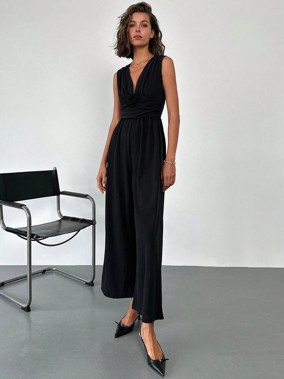 Deep V Neck Waist Ruched Cinched Waist Wide Leg Jumpsuit