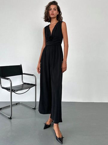 Deep V Neck Waist Ruched Cinched Waist Wide Leg Jumpsuit
