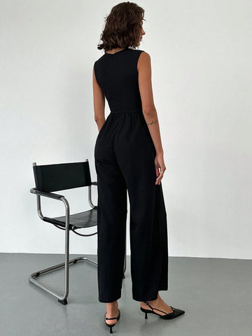 Deep V Neck Waist Ruched Cinched Waist Wide Leg Jumpsuit