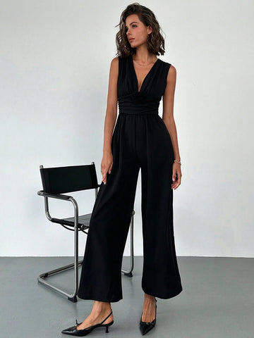 Deep V Neck Waist Ruched Cinched Waist Wide Leg Jumpsuit