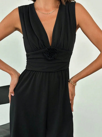 Deep V Neck Waist Ruched Cinched Waist Wide Leg Jumpsuit