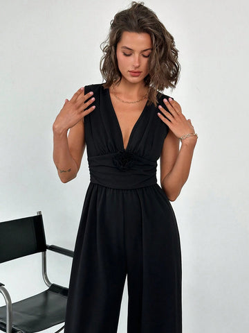 Deep V Neck Waist Ruched Cinched Waist Wide Leg Jumpsuit