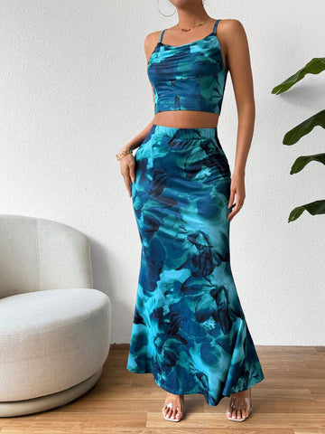 Digital Printed Camisole Top And Mermaid Skirt Set