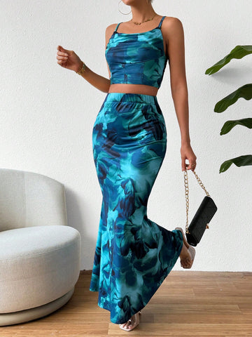 Digital Printed Camisole Top And Mermaid Skirt Set