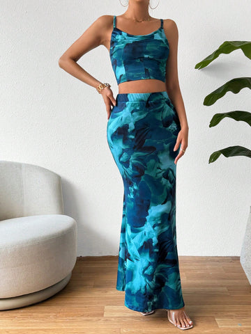 Digital Printed Camisole Top And Mermaid Skirt Set