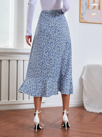 Privé Ditsy Floral Print Lettuce Trim Ruffle Hem Skirt