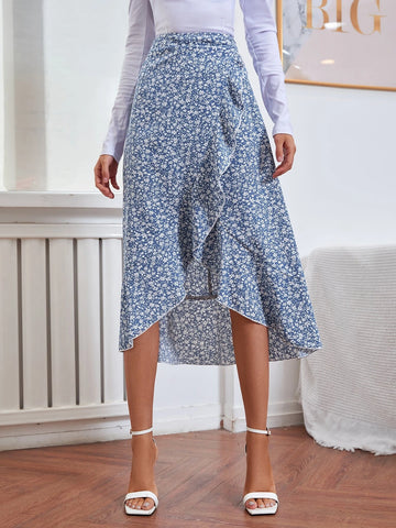 Privé Ditsy Floral Print Lettuce Trim Ruffle Hem Skirt