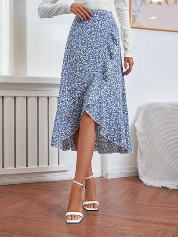 Privé Ditsy Floral Print Lettuce Trim Ruffle Hem Skirt