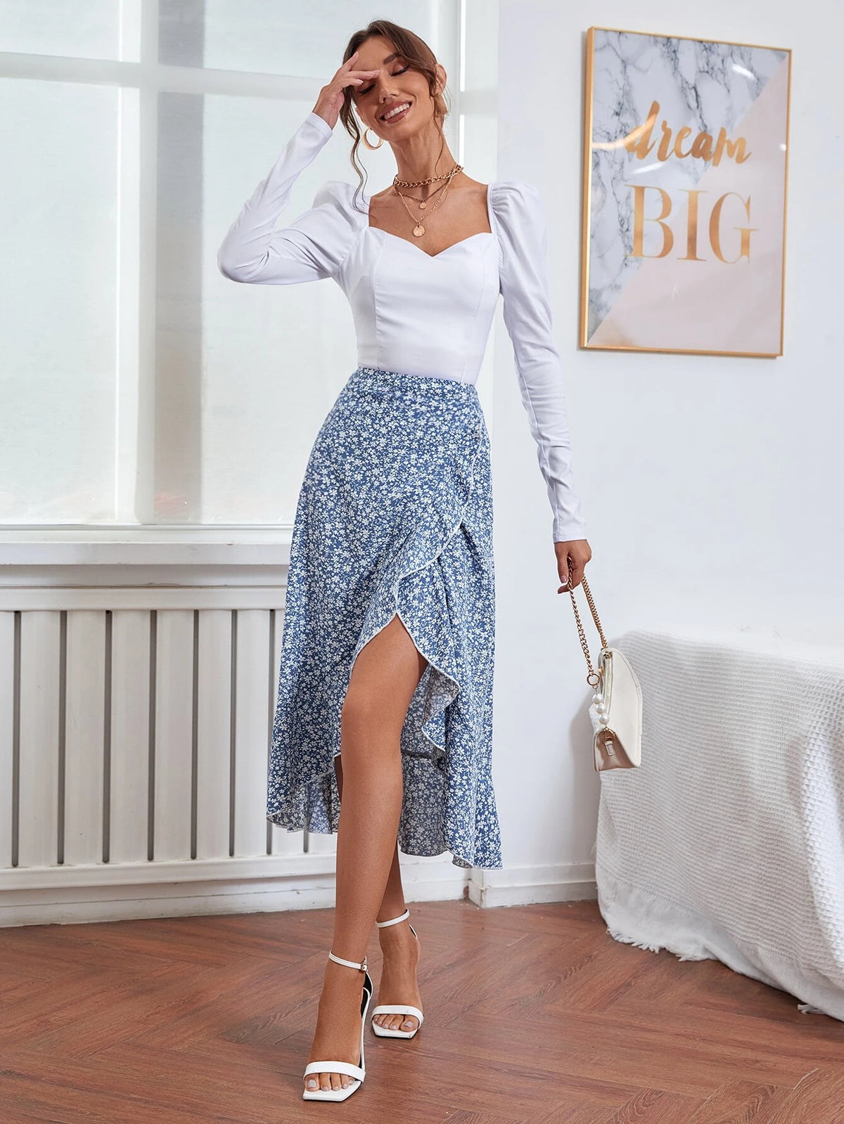 Privé Ditsy Floral Print Lettuce Trim Ruffle Hem Skirt