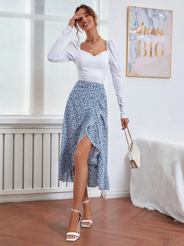 Privé Ditsy Floral Print Lettuce Trim Ruffle Hem Skirt