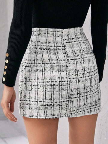 Privé Double Breasted Button Detail Tweed Skirt