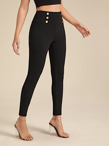 Privé Double Button Detail Wide Band Waist Skinny Pants