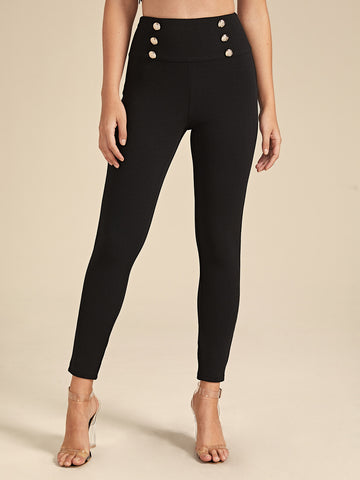 Privé Double Button Detail Wide Band Waist Skinny Pants