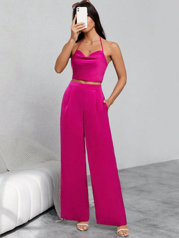 Draped Backless Halter Top & Wide Leg Pants
