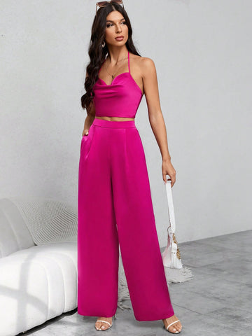 Draped Backless Halter Top & Wide Leg Pants