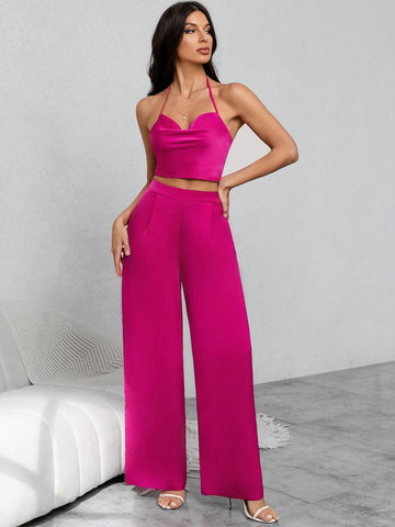 Draped Backless Halter Top & Wide Leg Pants