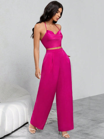 Draped Backless Halter Top & Wide Leg Pants