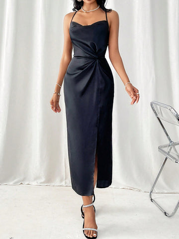 Draped Collar Twisted Front Slit Dress