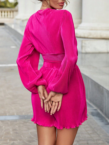 Drawstring Front Lantern Sleeve Crop Top & Shorts