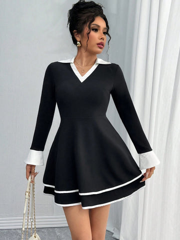 Elegant Academic Style Cute Polo Collar Waist Ruffle Sleeve Bi-Color Stretchy Short Dress, Autumn