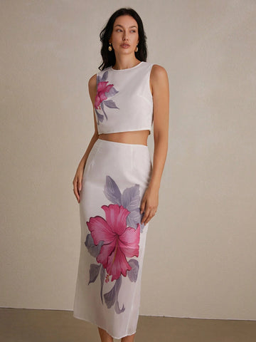 Elegant And Romantic Floral Print Crop Top With High Waist Slimming Long Skirt Women's 2 Piece Set