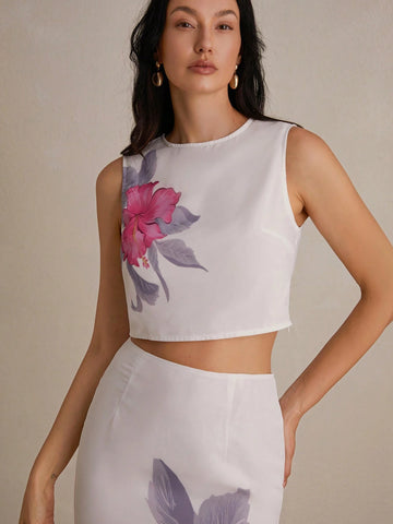 Elegant And Romantic Floral Print Crop Top With High Waist Slimming Long Skirt Women's 2 Piece Set