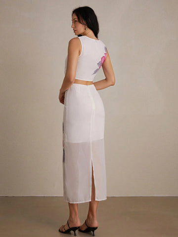 Elegant And Romantic Floral Print Crop Top With High Waist Slimming Long Skirt Women's 2 Piece Set