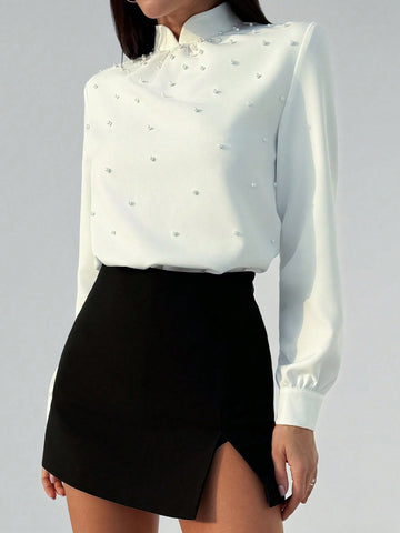 Privé Elegant Asymmetrical Collar Romantic Sophisticated White Shirt With Pearl Decor, Long Sleeve, Suitable For Office Commuting, Winter New Design