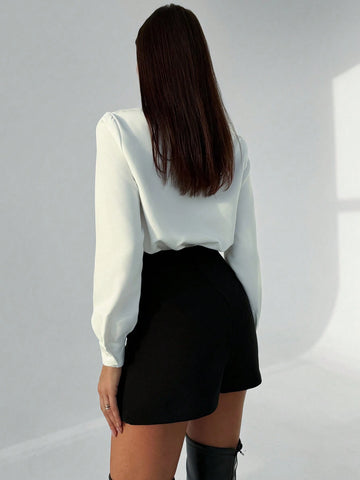 Privé Elegant Asymmetrical Collar Romantic Sophisticated White Shirt With Pearl Decor, Long Sleeve, Suitable For Office Commuting, Winter New Design