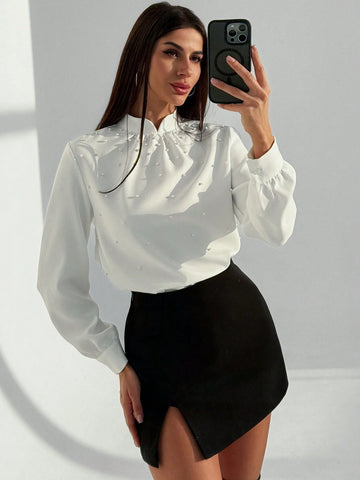 Privé Elegant Asymmetrical Collar Romantic Sophisticated White Shirt With Pearl Decor, Long Sleeve, Suitable For Office Commuting, Winter New Design