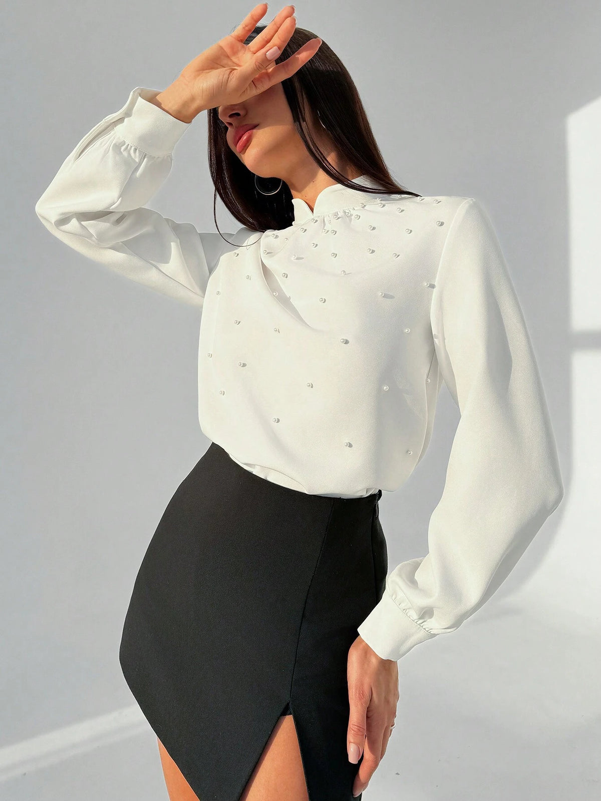 Privé Elegant Asymmetrical Collar Romantic Sophisticated White Shirt With Pearl Decor, Long Sleeve, Suitable For Office Commuting, Winter New Design