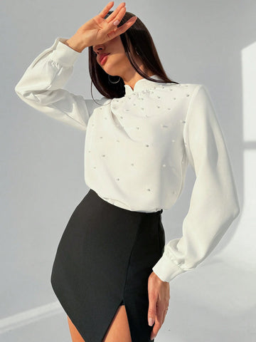Privé Elegant Asymmetrical Collar Romantic Sophisticated White Shirt With Pearl Decor, Long Sleeve, Suitable For Office Commuting, Winter New Design