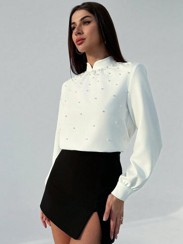Privé Elegant Asymmetrical Collar Romantic Sophisticated White Shirt With Pearl Decor, Long Sleeve, Suitable For Office Commuting, Winter New Design